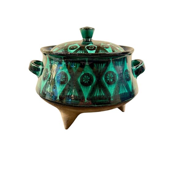 MCM Glazed Norwegian Pottery Rolf Hansen 1960s Green Black Tripod Soup Tureen - Picture 1 of 16